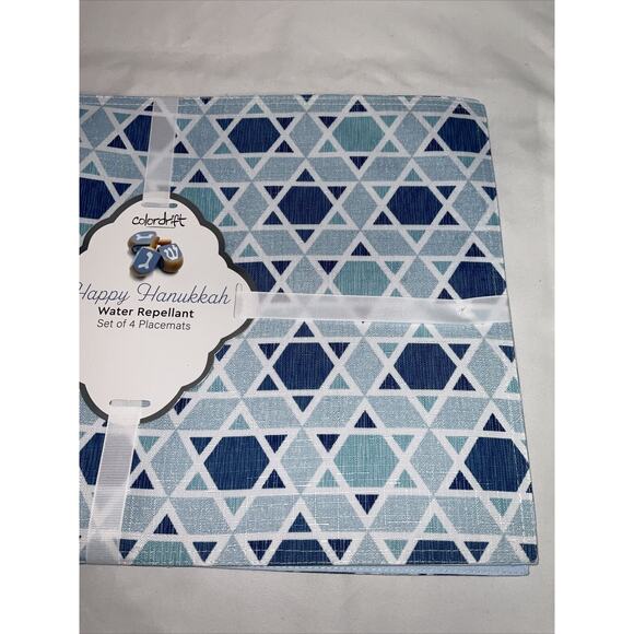 NEW COLORDRIFT HANUKKAH PLACEMATS STAR OF DAVID MENORAH WATER REPELLENT SET/4 - Picture 4 of 6